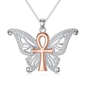 Sterling Silver Butterfly Ankh Cross Necklace-0