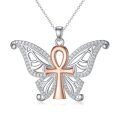 wholesale 925 Sterling Silver Butterfly Ankh Cross Pendant Necklace with Cubic Zirconia for Women-0-0
