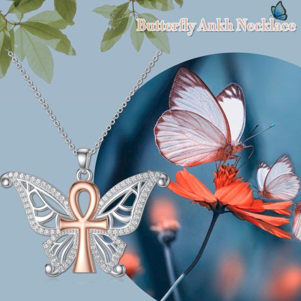 Sterling Silver Butterfly Ankh Cross Necklace-2