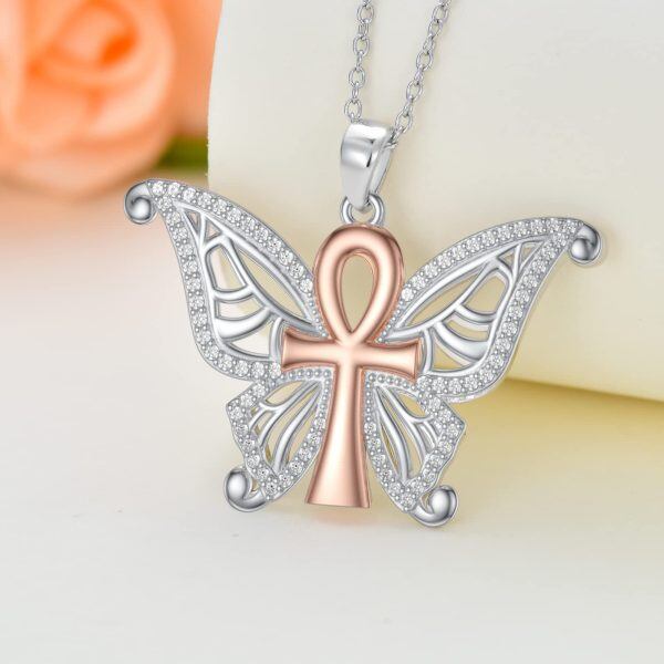 Sterling Silver Butterfly Ankh Cross Necklace-3