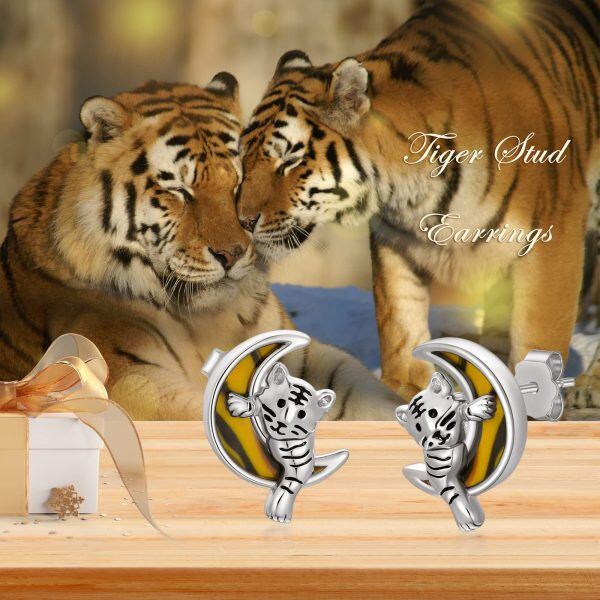 Sterling Silver Tiger Stud Earrings -5