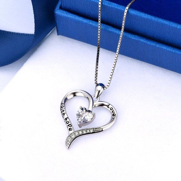 Sterling Silver Love & Faith Hope Love Heart Pendant Necklace-4