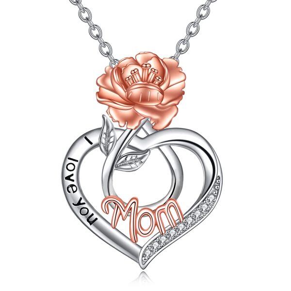 Sterling Silver Mom Rose Heart Necklace-0