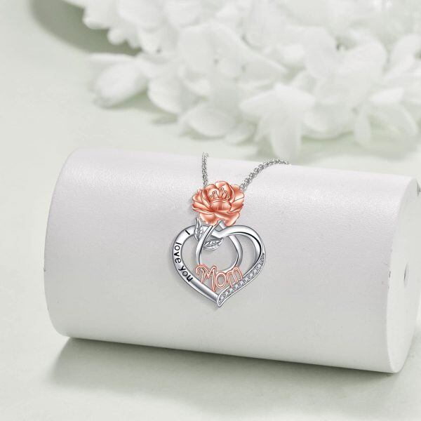 Sterling Silver Mom Rose Heart Necklace-3