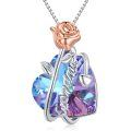 wholesale 925 Sterling Silver Blue & Purple Crystal Heart Pendant with Rose Flower Charm Necklace Gift for Women-0-0