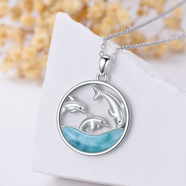 Sterling Silver Natural Larimar Dolphin Necklace-1