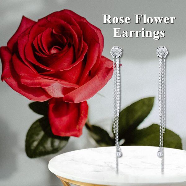 Sterling Silver Rose Flower Dangle Earrings-2