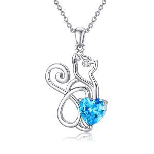 Sterling Silver Cat Love Heart Pendant Necklace -0