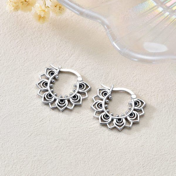 Sterling Silver Lotus Hoop Earrings -2