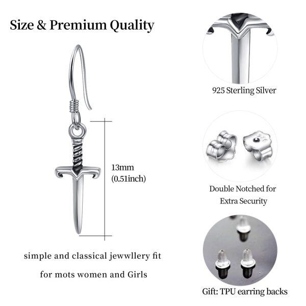 Sterling Silver Dagger Sword Dangle Drop Earrings -3