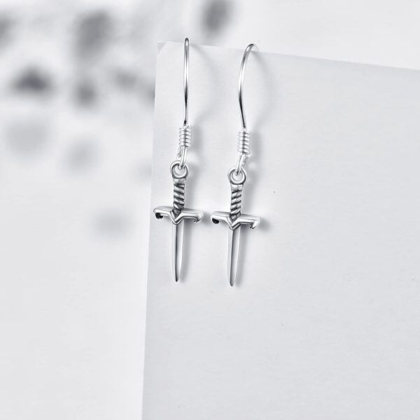 Sterling Silver Dagger Sword Dangle Drop Earrings -4