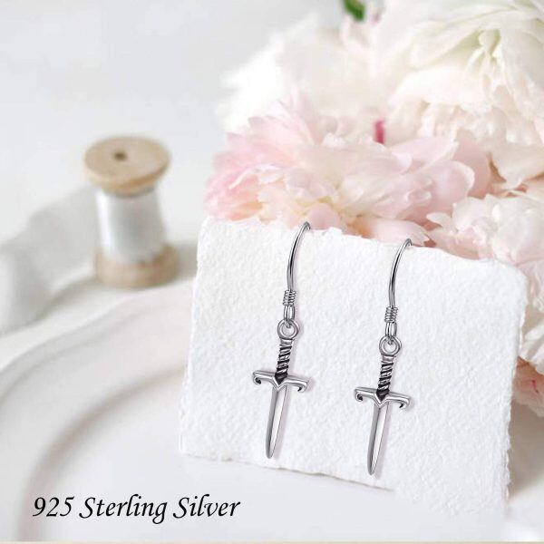 Sterling Silver Dagger Sword Dangle Drop Earrings -5