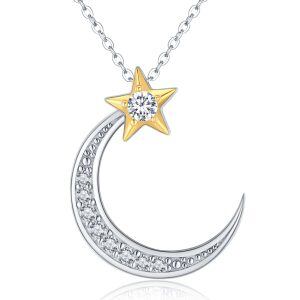 Sterling Silver Moon and Star Pendant Necklace -0