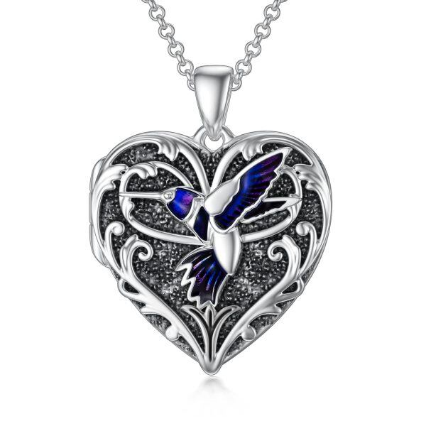 Sterling sliver Heart Shaped Hummingbird Locket Necklace-0