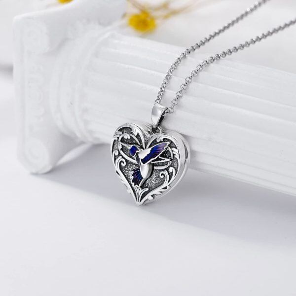 Sterling sliver Heart Shaped Hummingbird Locket Necklace-1