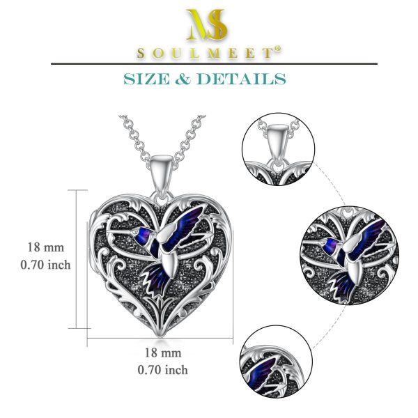 Sterling sliver Heart Shaped Hummingbird Locket Necklace-4