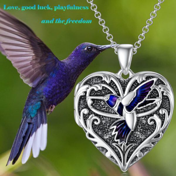 Sterling sliver Heart Shaped Hummingbird Locket Necklace-5