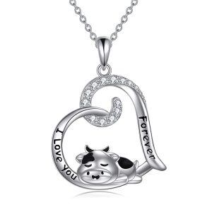 Sterling Silver Heart Cow Necklace-0