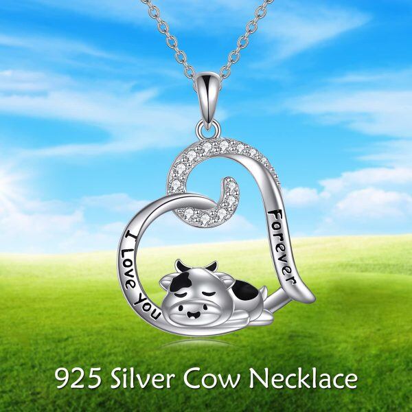 Sterling Silver Heart Cow Necklace-4