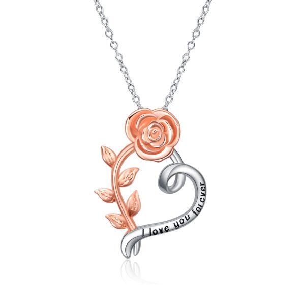 Sterling Silver Rose Heart Necklace-0