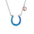 wholesale 925 Sterling Silver Blue Opal Inlay Lucky Horseshoe Pendant Heart Charm Necklaces for Women Gifts-0-0