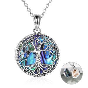 Sterling Silver Tree of Life Alabone Shell Photo Locket Necklace -0