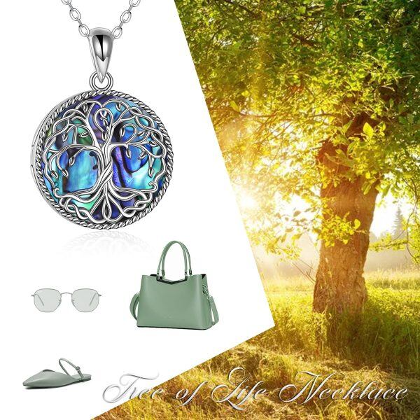 Sterling Silver Tree of Life Alabone Shell Photo Locket Necklace -5