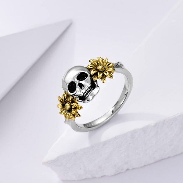 Sterling Silver Skull Sunflower Rings -2