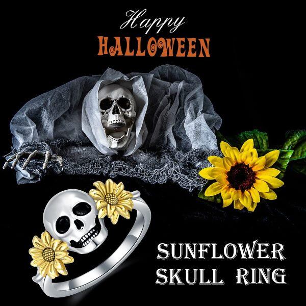 Sterling Silver Skull Sunflower Rings -4