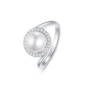 Sterling Silver White Pearl with cubic Zirconia Ring-0