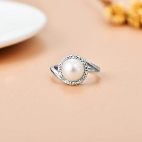 Sterling Silver White Pearl with cubic Zirconia Ring-3