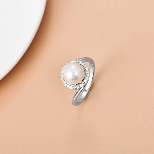 Sterling Silver White Pearl with cubic Zirconia Ring-4