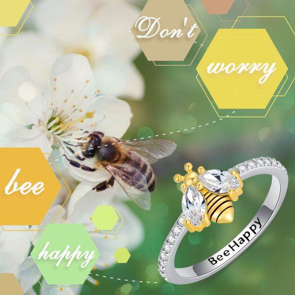 Sterling Silver Bee Band with Crystal Promise Ring-5