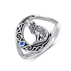 Sterling Silver Crescent Moon Wolf Ring -0