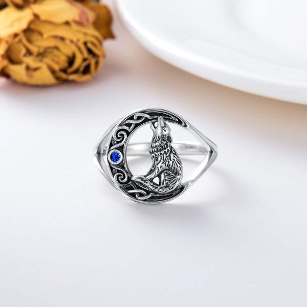 Sterling Silver Crescent Moon Wolf Ring -2