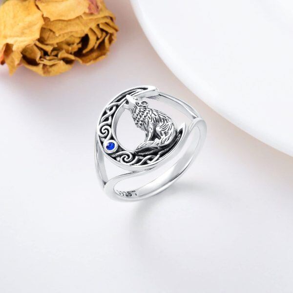 Sterling Silver Crescent Moon Wolf Ring -3