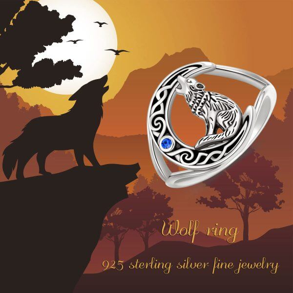 Sterling Silver Crescent Moon Wolf Ring -4