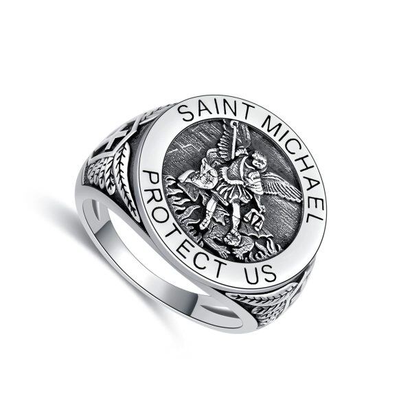 Sterling Sliver Saint Michael Religious Medal Coin Ring -0