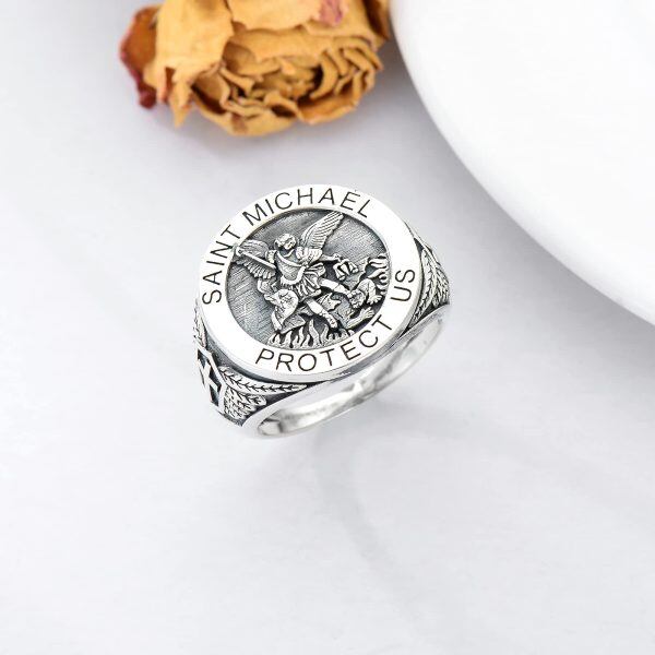 Sterling Sliver Saint Michael Religious Medal Coin Ring -2