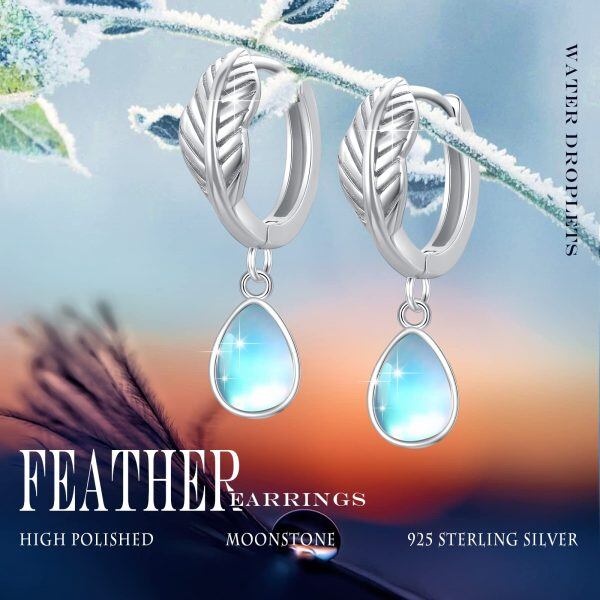 Sterling Silver Feather Moonstone Earrings -5