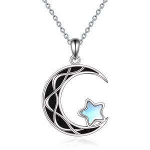 Sterling Silver Crescent Moon Star Necklace-0