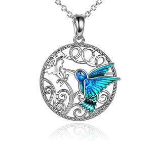 Sterling Silver Hummingbird with Flowers Pendant Necklace -0