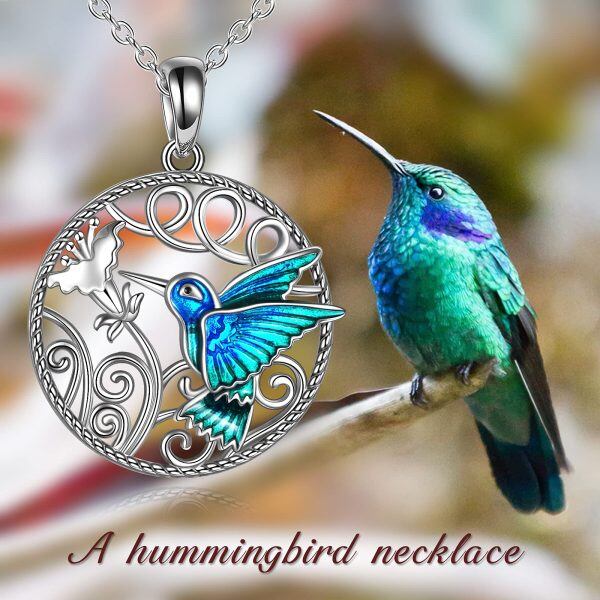 Sterling Silver Hummingbird with Flowers Pendant Necklace -4