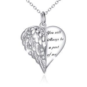 Sterling Silver Guardian Angel Wings Heart Necklace -0