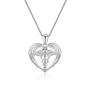 Sterling Silver Caduceus Angel Nursing Themed Pendant Necklace -0