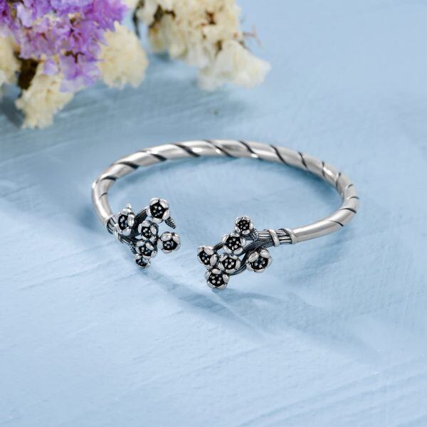 Sterling Silver Classic Cuff with Flower Bracelet-1