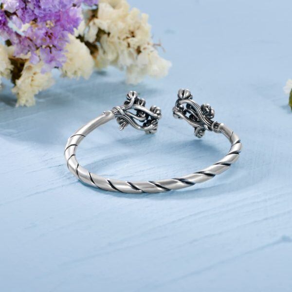 Sterling Silver Classic Cuff with Flower Bracelet-2