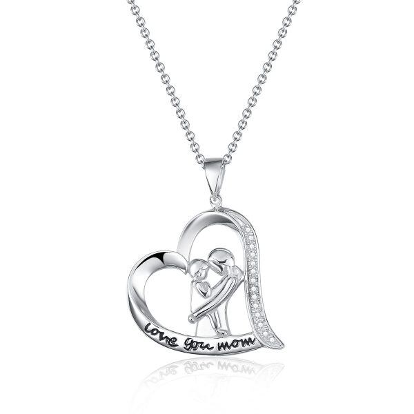 Sterling Silver Mom Heart Pendant Necklaces-0