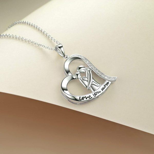 Sterling Silver Mom Heart Pendant Necklaces-3