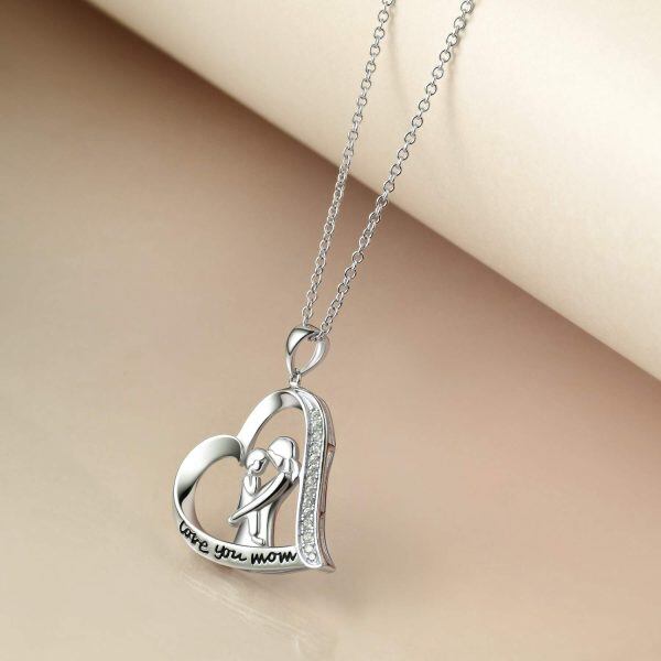 Sterling Silver Mom Heart Pendant Necklaces-4